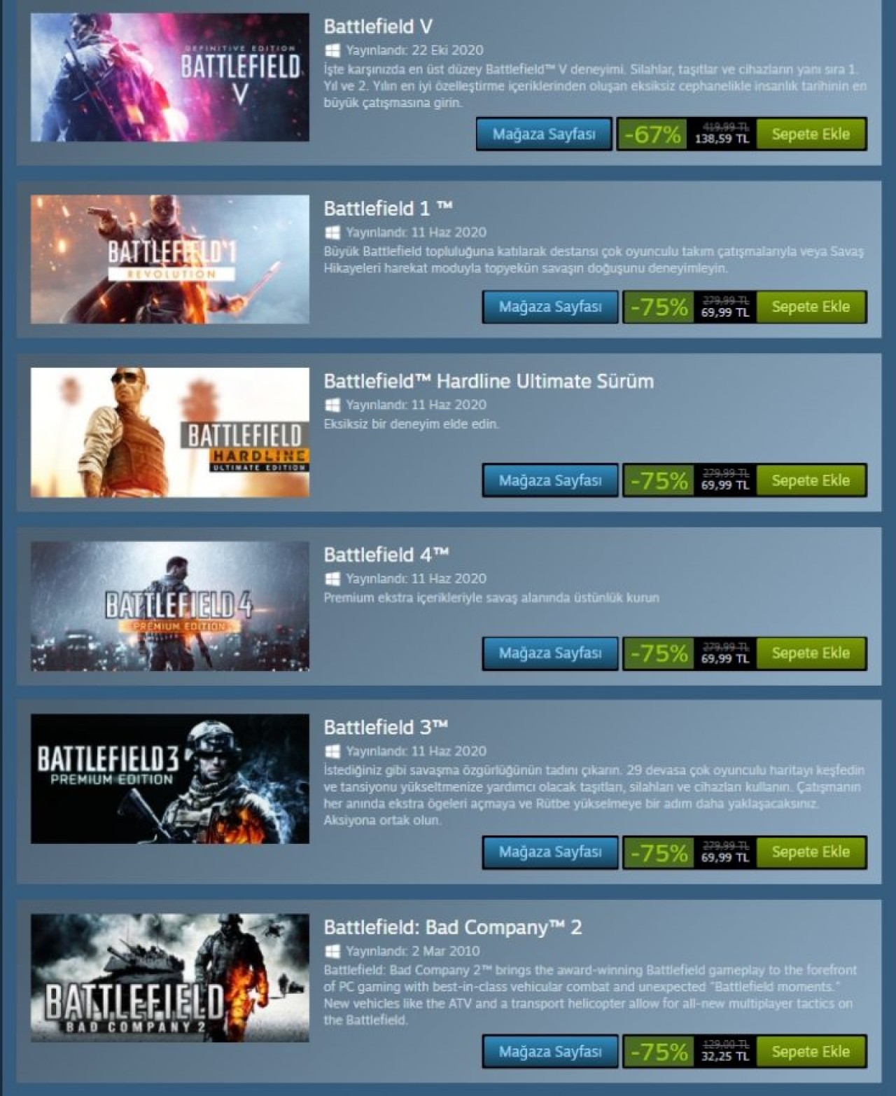 Steam'de Battlefield oyunlarına yüzde 75'e varan indirim!