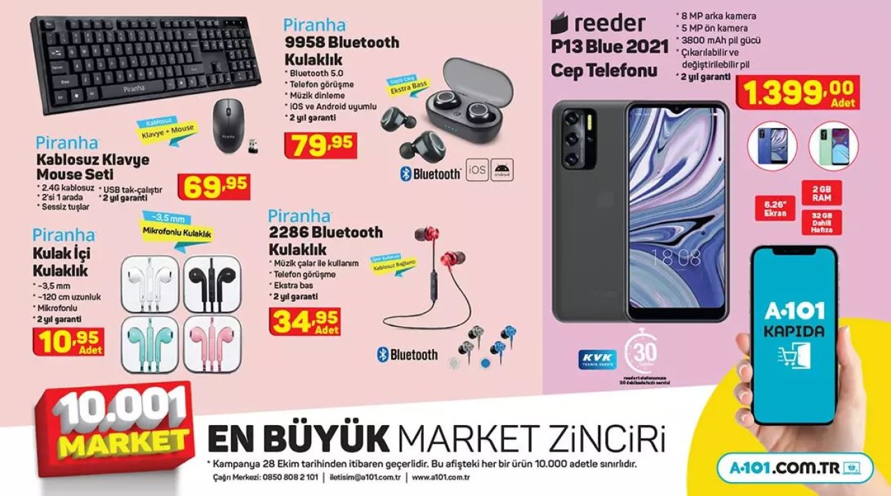 28 Ekim A101 Aktüel teknoloji ürünleri! Piranha Bluetooth kulaklık,  Reeder P13 Blue 2021 akıllı telefon ve daha fazlası...