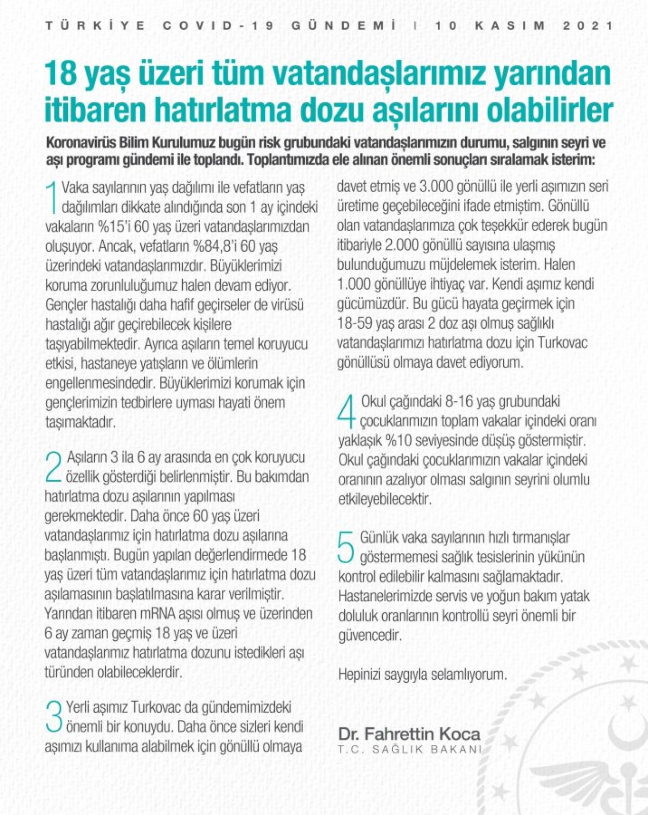 Artık 18 yaşından büyük herkes üçüncü doz hatırlatma aşısını yaptırabilecek!
