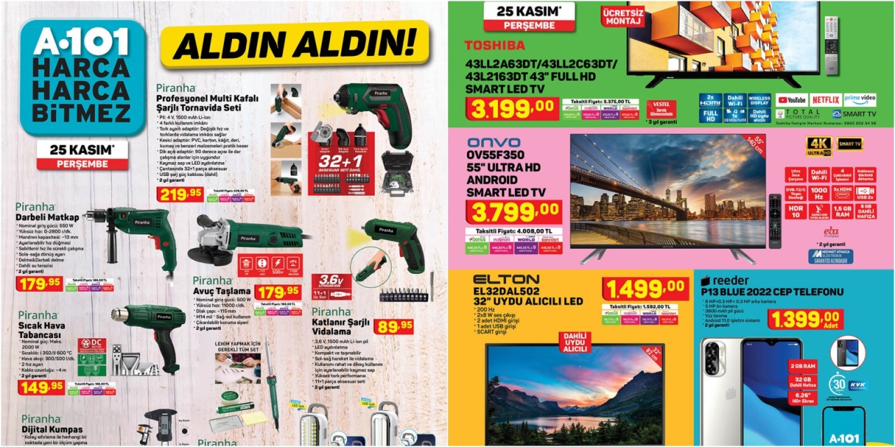 25 Kasım A101 Aktüel teknoloji ürünleri! SEG beyaz eşyalar,  Smart TV'ler,  Piranha tamirat,  tadilat malzemeleri...