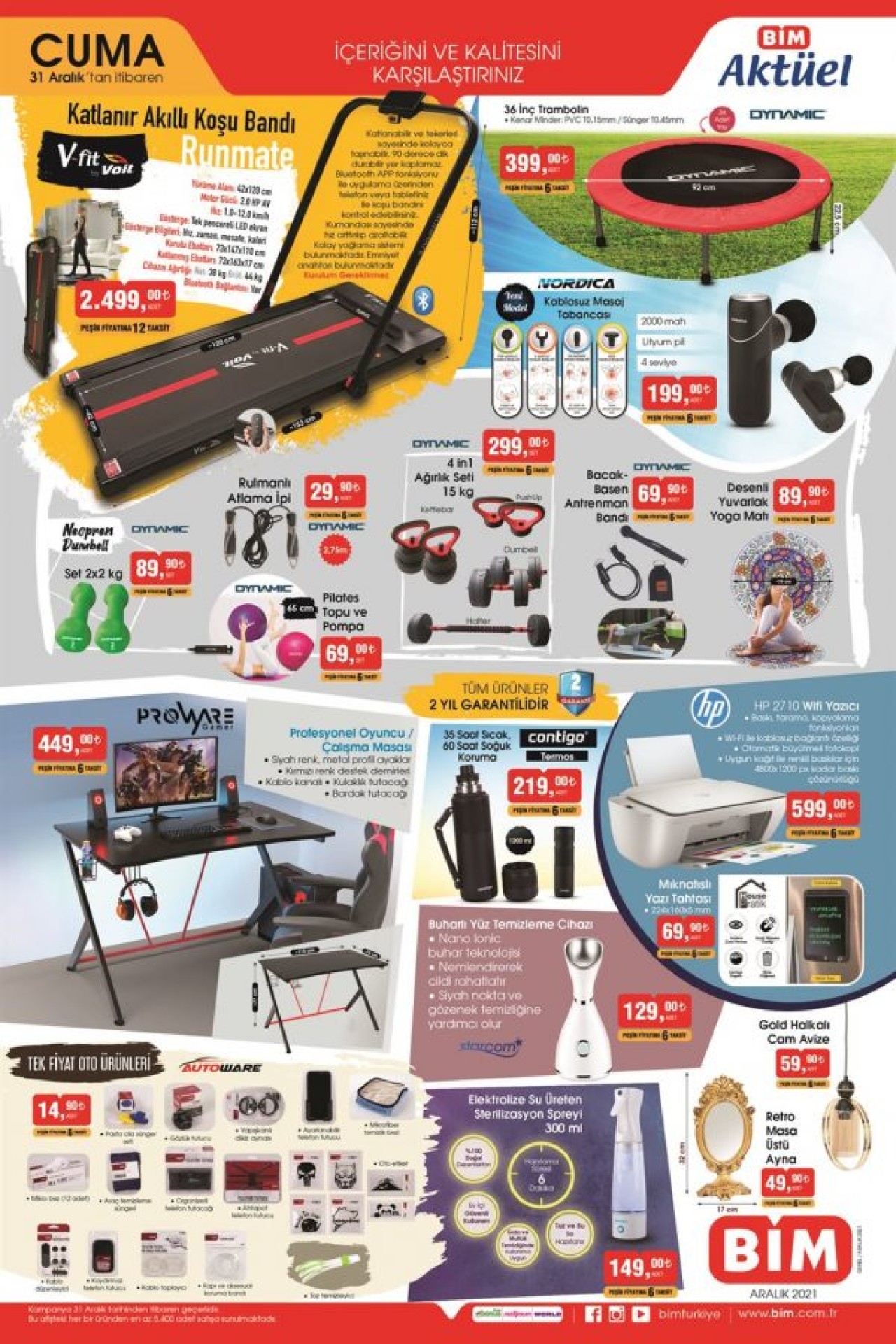 31 Aralık Cuma BİM aktüel teknoloji ürünleri! V-Fit akıllı koşu bandı,  ProWare oyuncu masası ve daha fazlası...