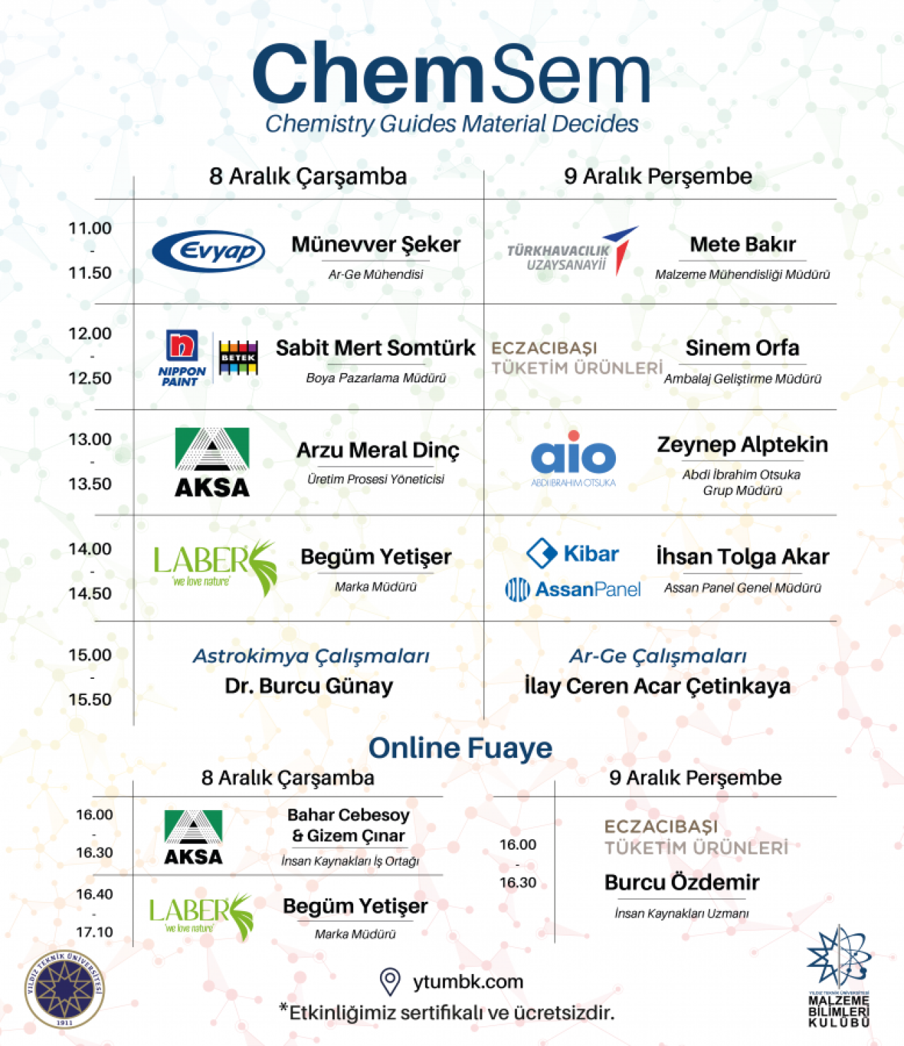 ChemSem'21 etkinliği 8 Aralık'ta başlıyor! Katılım ücretsiz ve sertifikalı