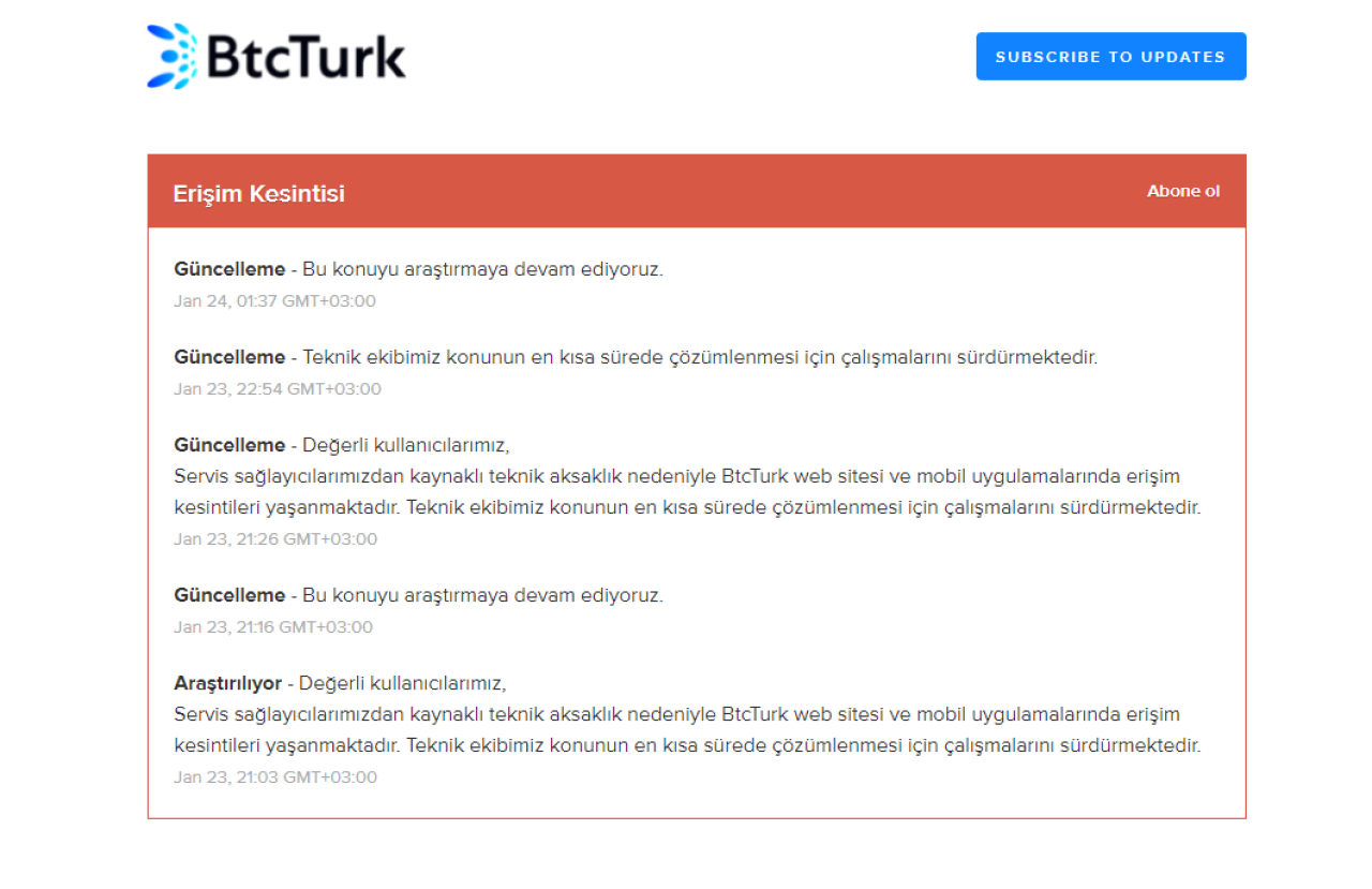 BtcTurk borsası saatlerdir erişime kapalı! (Güncelleme: Erişim açıldı)