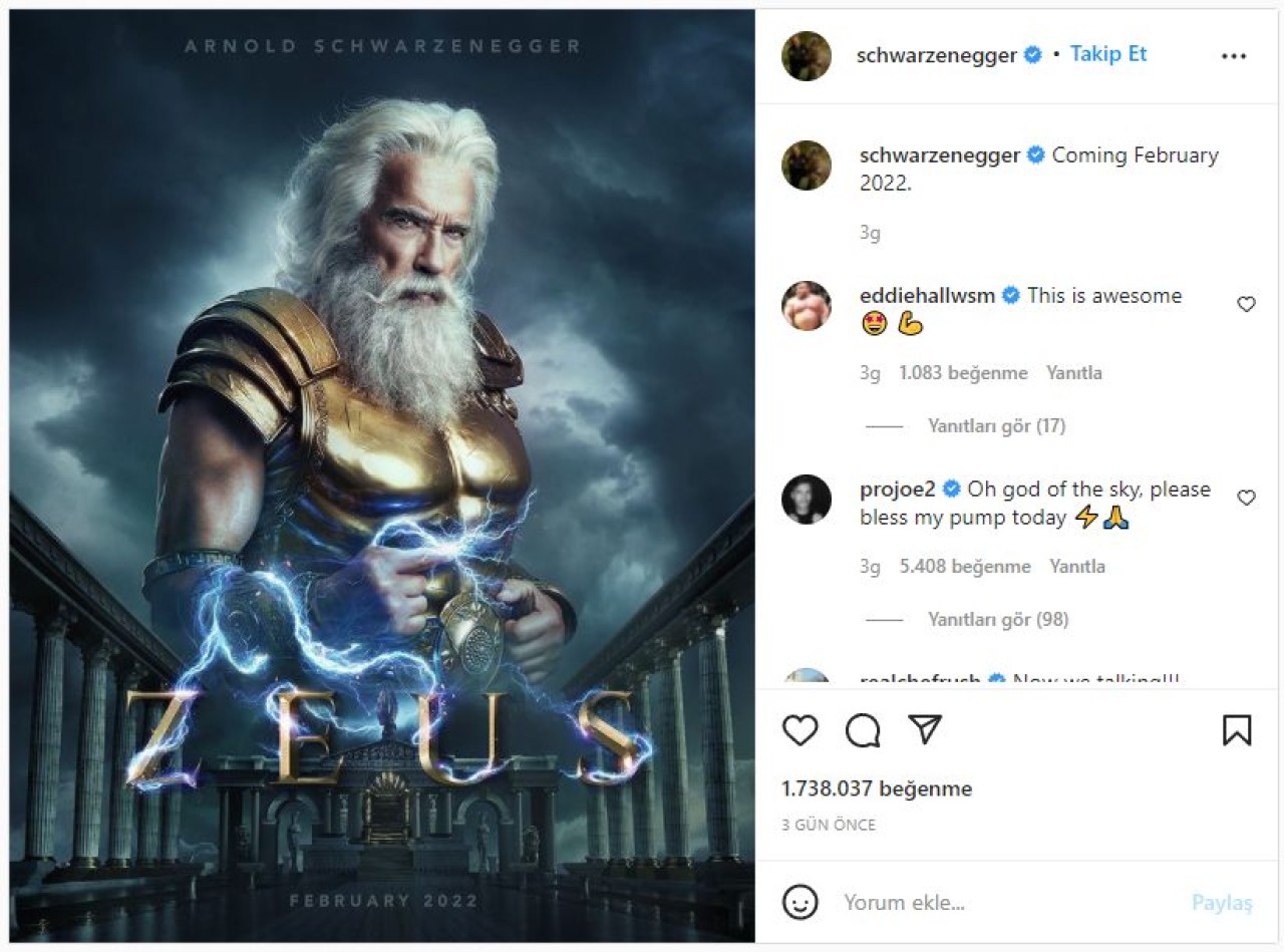 Arnold Schwarzenegger,  Zeus oldu! Yeni film mi geliyor?