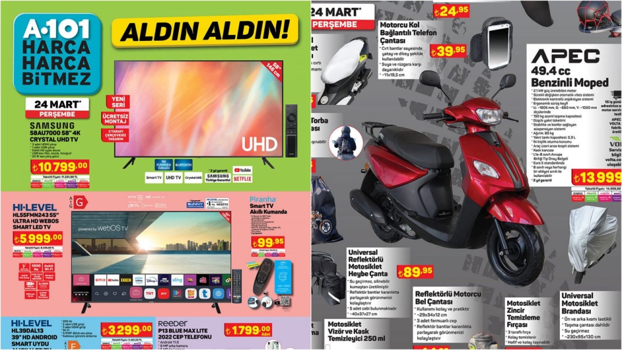 24 Mart A101 Aktüel teknoloji ürünleri! Apec benzinli Moped,  Samsung Smart TV ve daha fazlası...